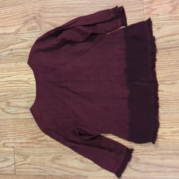 Vintage Lagenlook maroon linen 3/4 sleeve blouse w/ ruffles, Christine Damen L - Picture 4 of 5